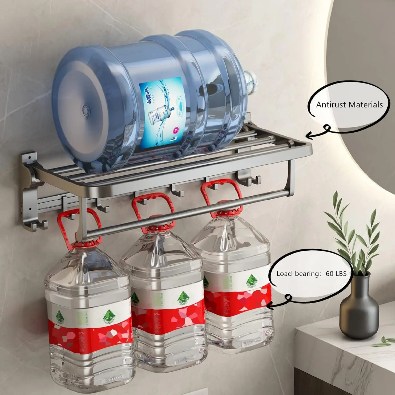 Bathroom Towel Rack with Towel Bar andHooks 23.6 inFoldable Shelf Wall Mounted Lavatory Organizer Modern Gray Finish