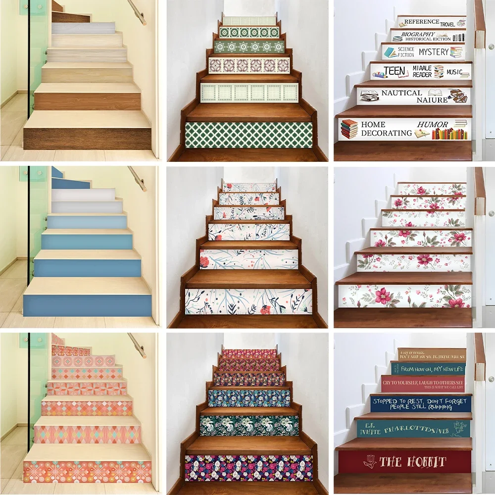6PCS Floral Mural Stair Stickers Mural Adhesive Abstract Tiling Decals Stairway Riser Cover Cabinet Refrigerator Wallpaper Decor