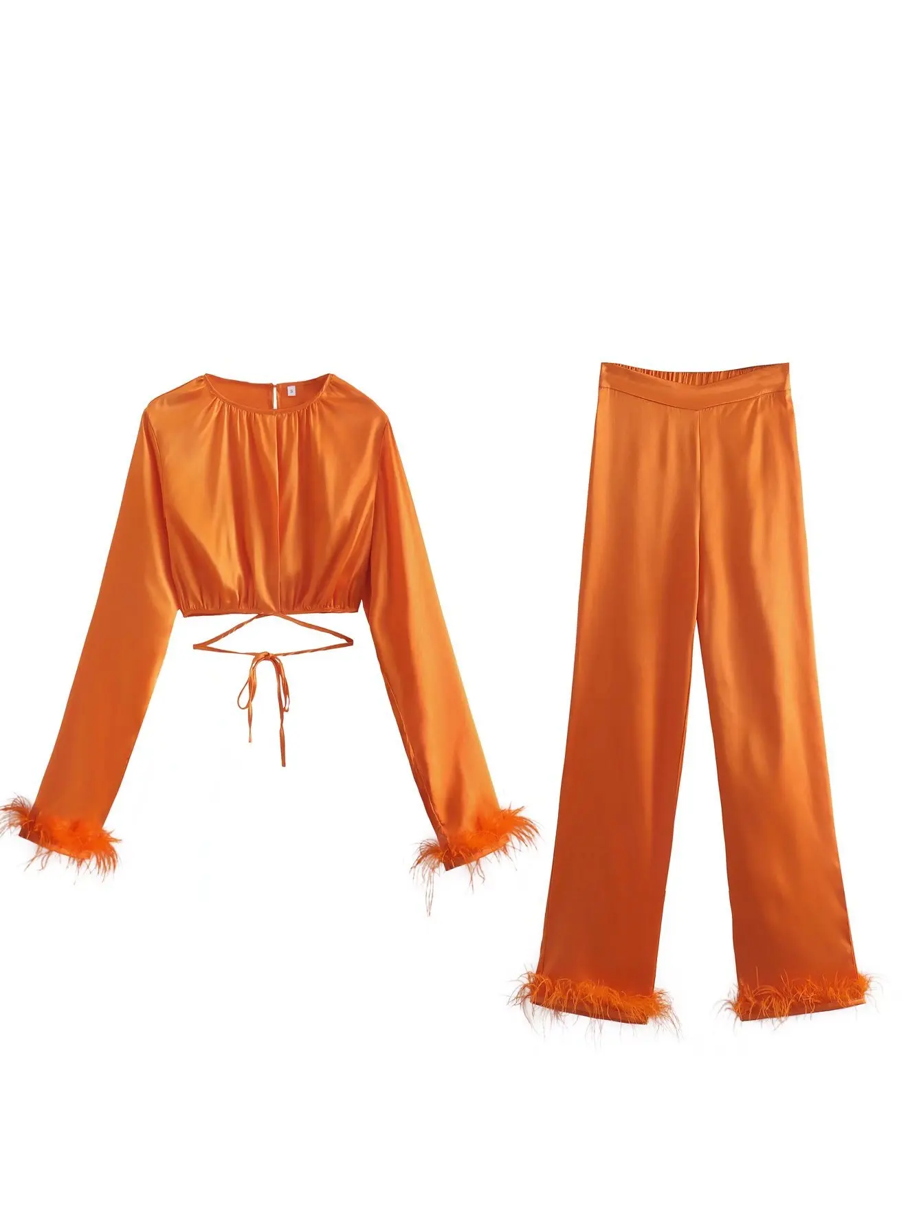 Two Piece Set Women Feather Long Sleeve 