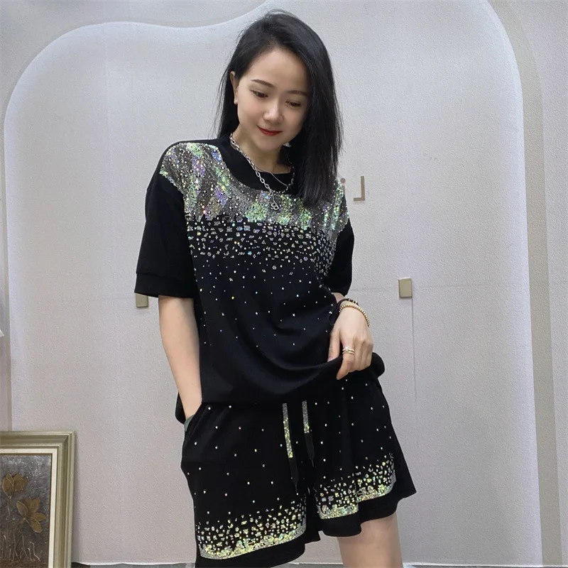 

2024 Diamonds Sets Women Summer Clothes Loose Tracksuit Casual Knitting Two Piece Sets Womens Outifits Костюм Женский Летний