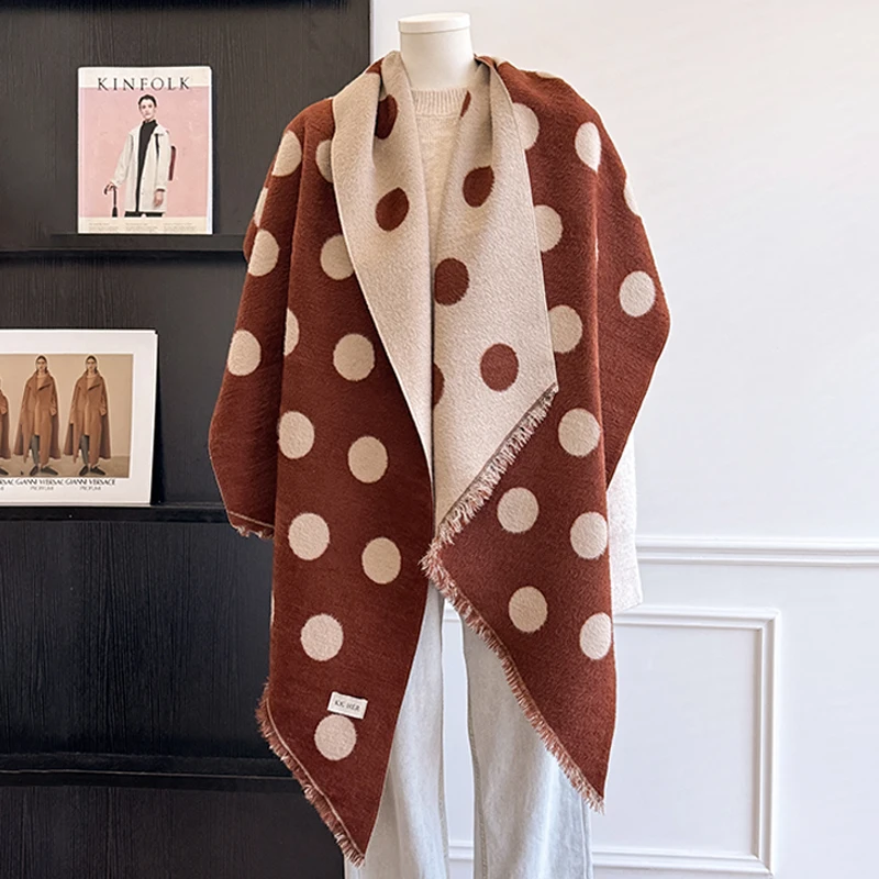 2025 Luxury Brand Women's Cashmere Scarf - Winter Warm Tasseled Striped & Polka Dot Printed Pashmina Shawl, Foulard & Poncho