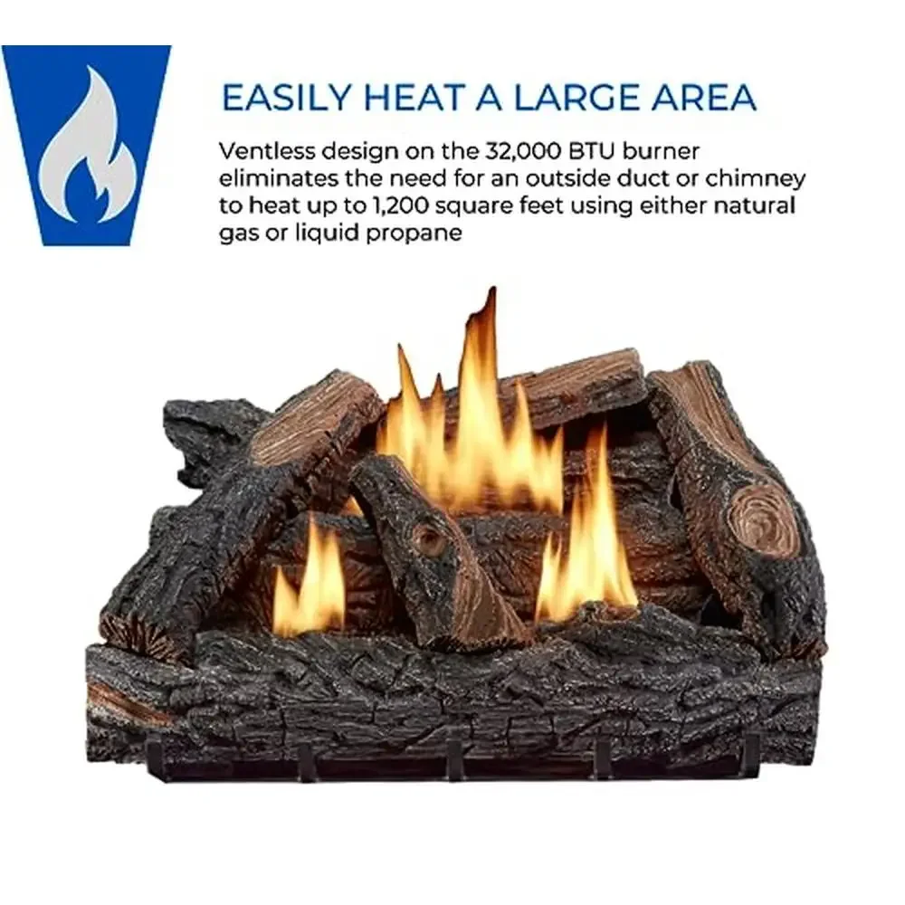 24" Ventless Dual Fuel Fireplace Logs Set with Thermostat Control Natural Gas or Propane 32000 BTU Hand-Painted Realistic Logs