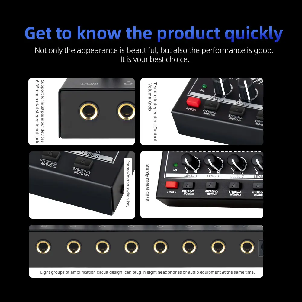 8 Channels Headphone Amplifier Mini Amplifier with Stereo/Mono Switch Profession