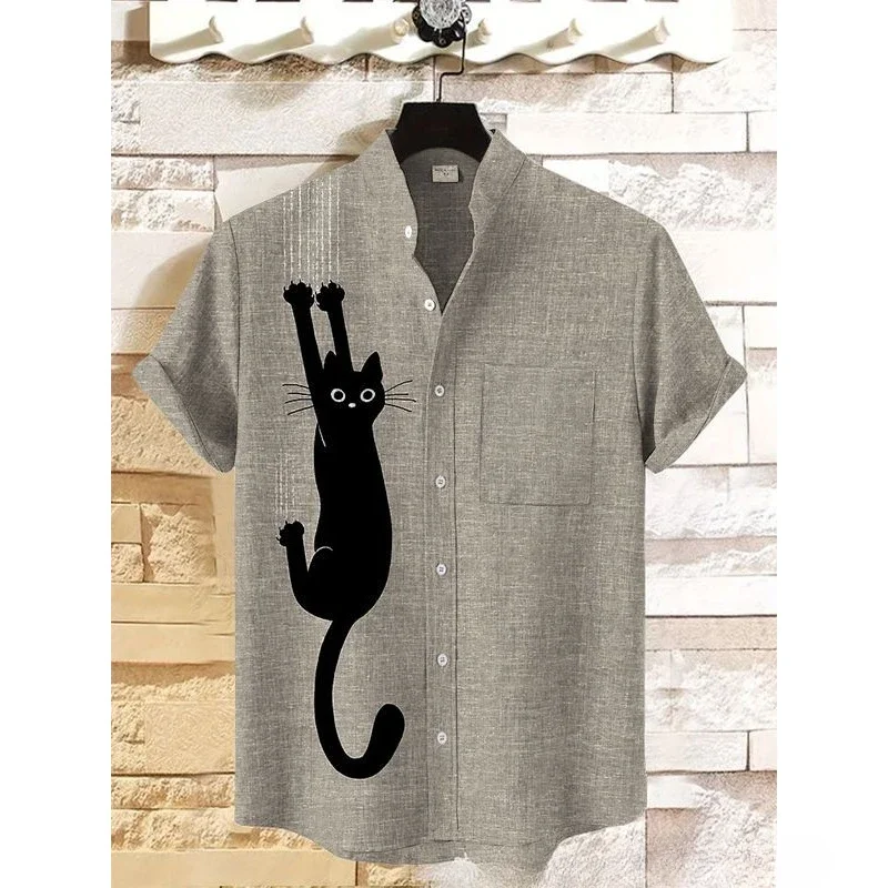 Men's Cat Lying on Pocket Art Print Shirt Summer Short Sleeve Hawaiian Shirts Harajuku Streetwear Button Down Casual Shirt Tops