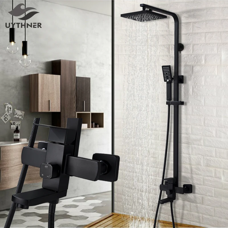 Uythner Bathroom Shower Faucet Rainfall Waterfall Head Wall Mount Bathtub Mixer Tap Hand Sprayer Bath Faucet Shower Set System bathroom shower faucet set