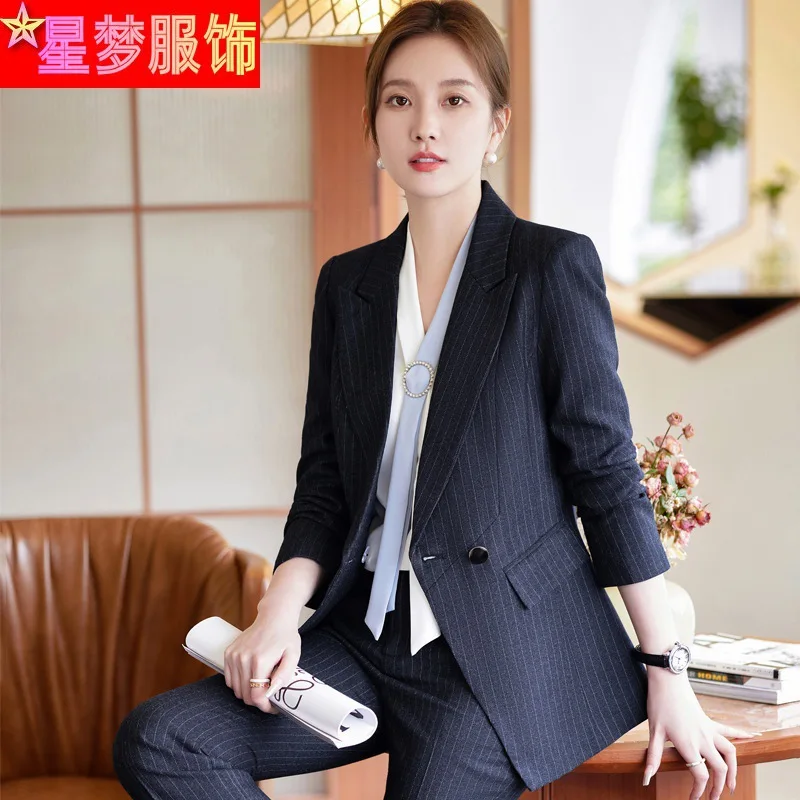 966 Blue Striped Suit Korean Style Temperament Office Suits Business Formal Wear Hotel Front Desk Interview Business Wear