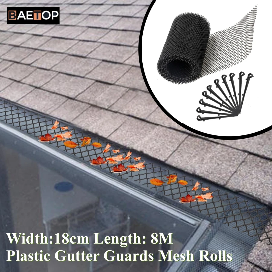 

Plastic Gutter Guards, Mesh Rolls with 10 Clip Fixed Hooks, Downspout Pipe, Covers Preventing from Twigs Debris, 1- 4 Packs