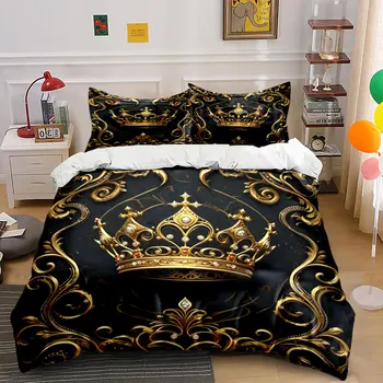 3pcs Bedding Duvet Cover Set, Golden Crown And Baroque Pattern Print,Luxury Court Theme,Includes 1 Duvet Cover & 2 Pillowcases 1