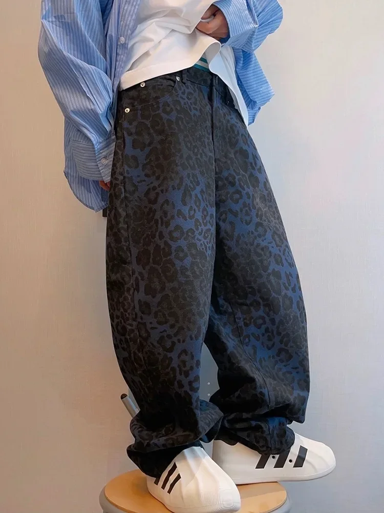 

Vintage Washed Blue Leopard Print Baggy Jeans for Women American 2024 New Street Harajuku Hip Hop Straight Pants Y2K Casual Pant