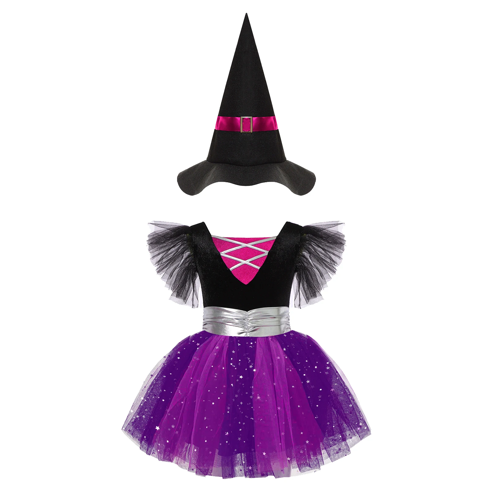 

Kids Girls Witch Cosplay Costume Glittery Mesh Tutu Dress with Pointed Hat Halloween Sorceress Roleplay Carnival Party Dress Up