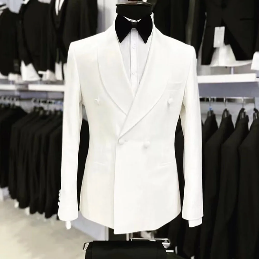 

2023 New Fashion Men White Shawl Lapel Suits Business Casual Formal Costume Homme Double Breasted Slim Fit 2Pcs Set Jacket Pants