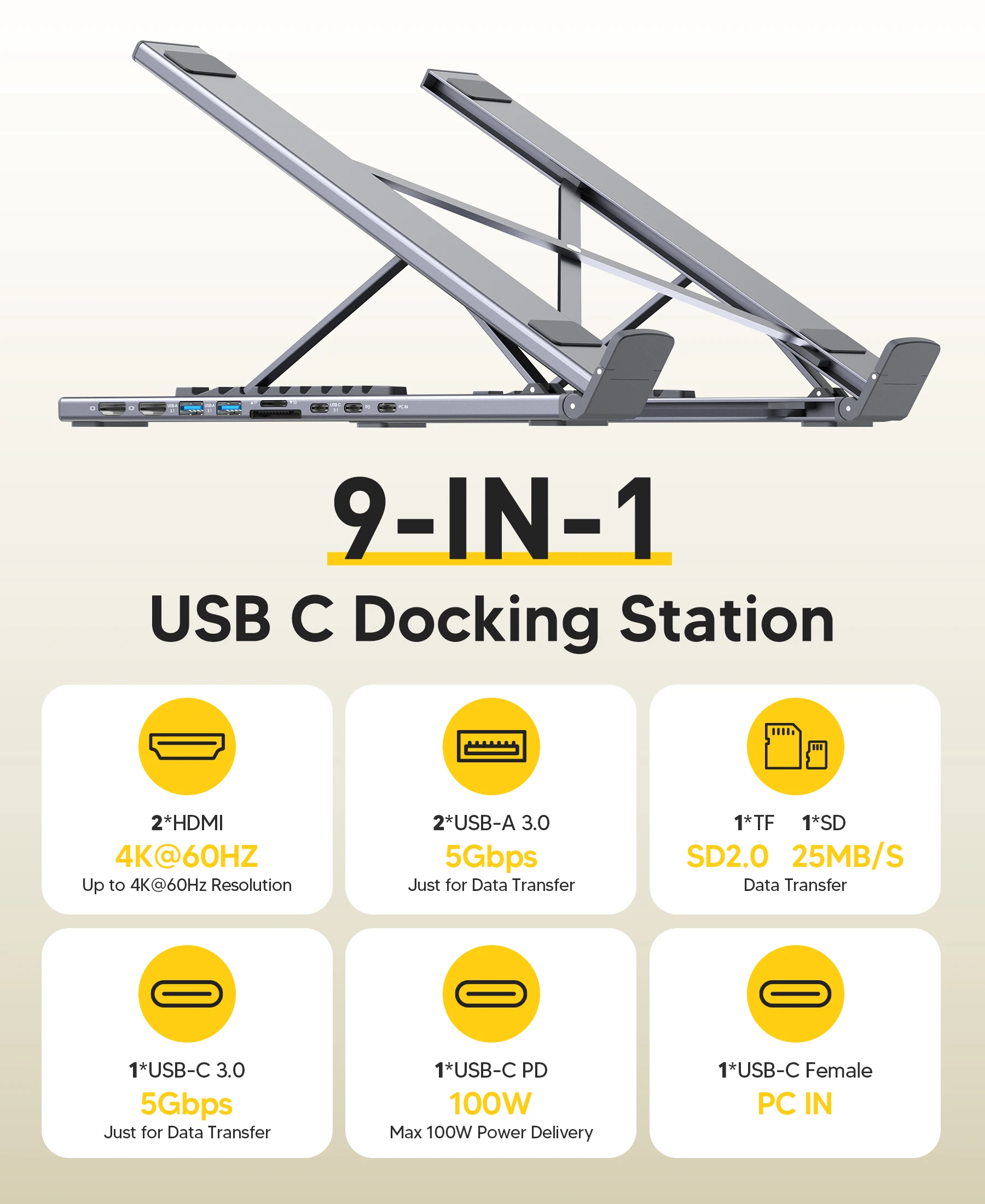 9-in-1 USB C 노트북 도킹 스테이션 듀얼 모니터 4K@60Hz HDMI PD100W 알루미늄 범용 USB 3.0 도크 태블릿 스탠드 (맥북용)