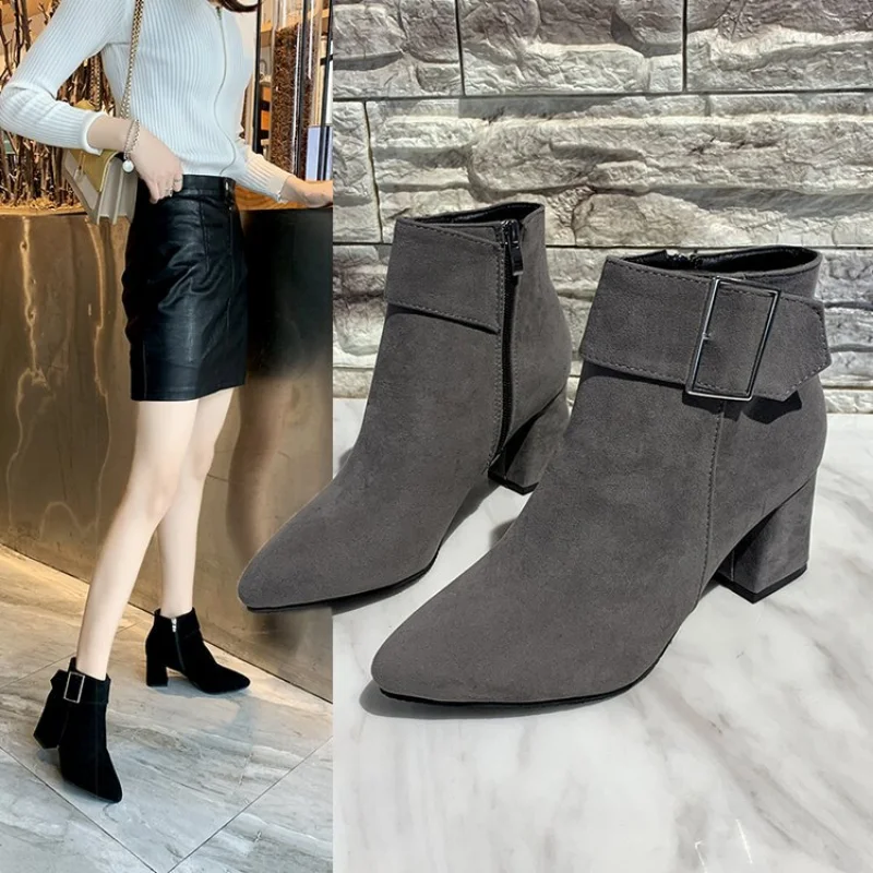 

Europe Style Vintage Women High Heels Ankle Boots Buckle Rubber Casual Ladies Shoes Female Chelsea Boots Shoes Plus Size 42 43