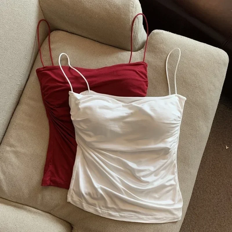 Spaghetti Strap Tanks Women Built In Bra Summer Camis Casual Tops Solid Color Female Korean Style