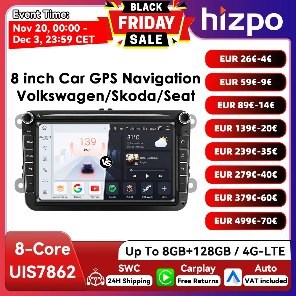 8 " Hizpo 2Din Android13 Radio de coche para Volkswagen VW Skoda Octavia Golf 5 Touran Passat B6 Polo Jetta Amarok Auto CarPlay GPS RDS 1