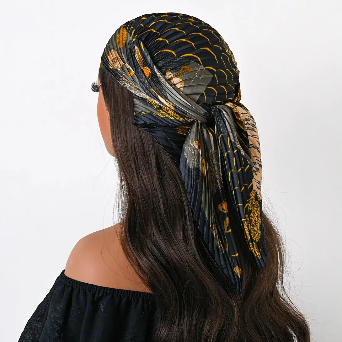 Four Seasons New 70cm Silk Pleated Scarf Print Small Scarves Square Scarf Satin Neckerchief Decorative Headscarf Bandana 2025