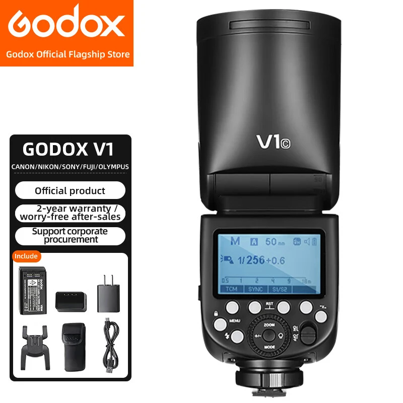 Godox V1 Camera Flash Round Flash Top Flash 1/8000S Adatto Per Fujifilm Canon Nikon Sony Camera Hss Iithium Battery Flash
