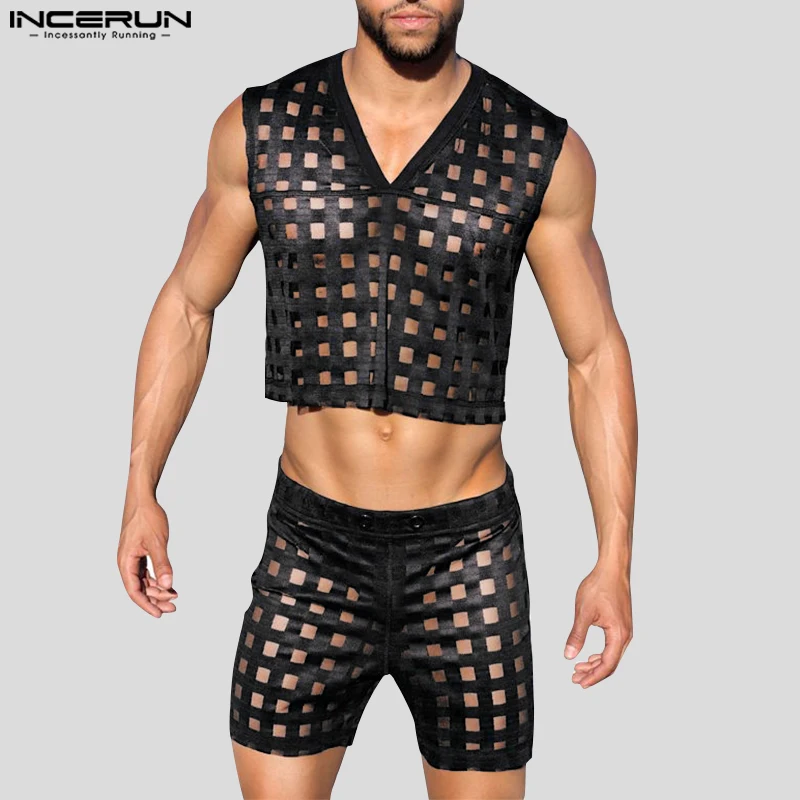 

INCERUN Men Sets Solid Hollow Out V Neck Sleeveless Tank Tops & Shorts Two Pieces Sets Transparent Streetwear Sexy Men's Suits