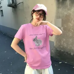 Vintage Cute Rabbit Graphic Women's Casual T - Shirt - 90s Kawaii Style with Fun Text Print - XXL (DM5029 - pink)