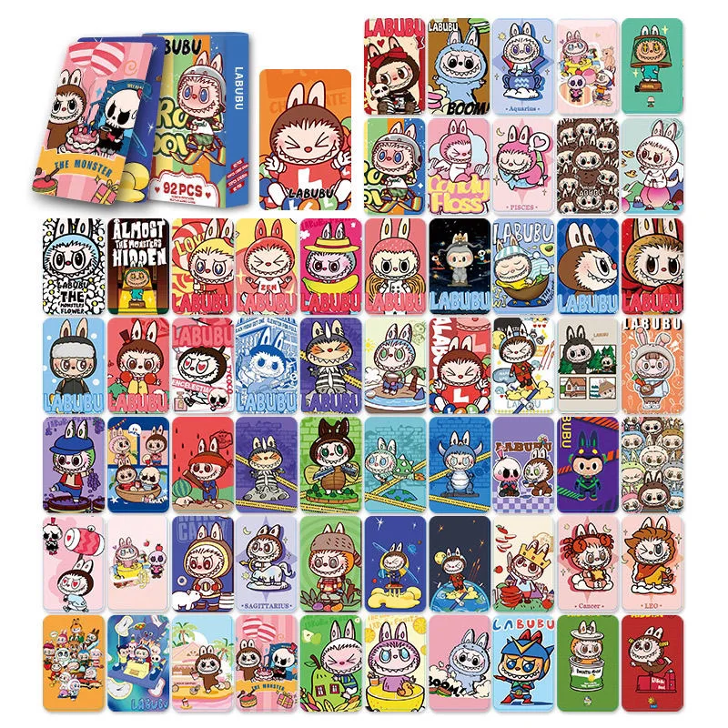92Pcs Labubu Anime 홀로그램 LOMO 카드 - 팬 및 선물용 스티커가 포함된 귀여운 소장용 캐릭터 사진 카드
