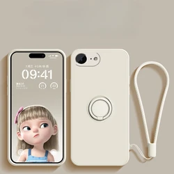 Liquid Silicone Ring Stand Phone Case with Lanyard and Magnetic Soft TPU Cover for iPhone SE 4 2025 (Beige)