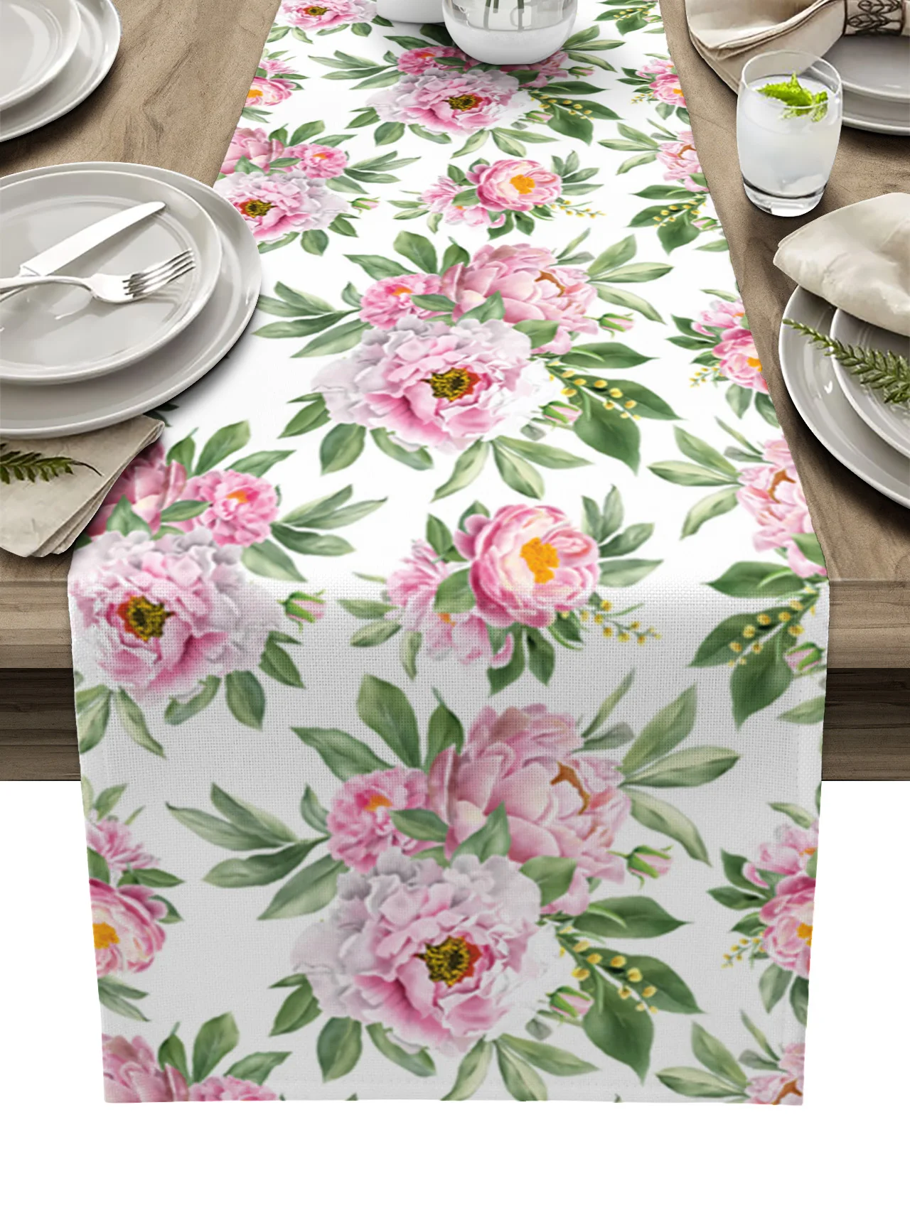 

Vintage Pink Hibiscus Flower White Linen Table Runner Kitchen Table Decoration Farmhouse Dining Tablecloth Wedding Party Decor