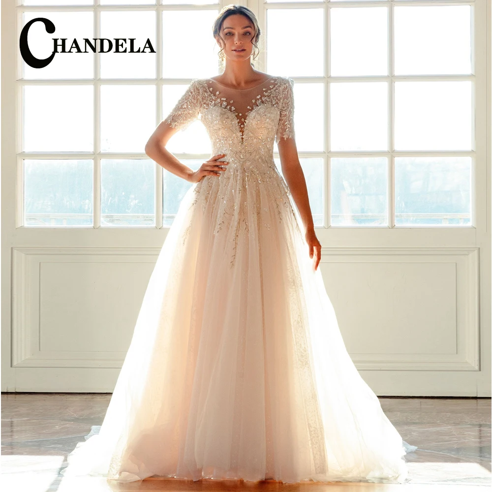 

CHANDELA Classic Wedding Dresses Scoop Backless A-Line Pleat Appliques Lace Up Bridal Gown Robe De Mariée For Women Custom Made