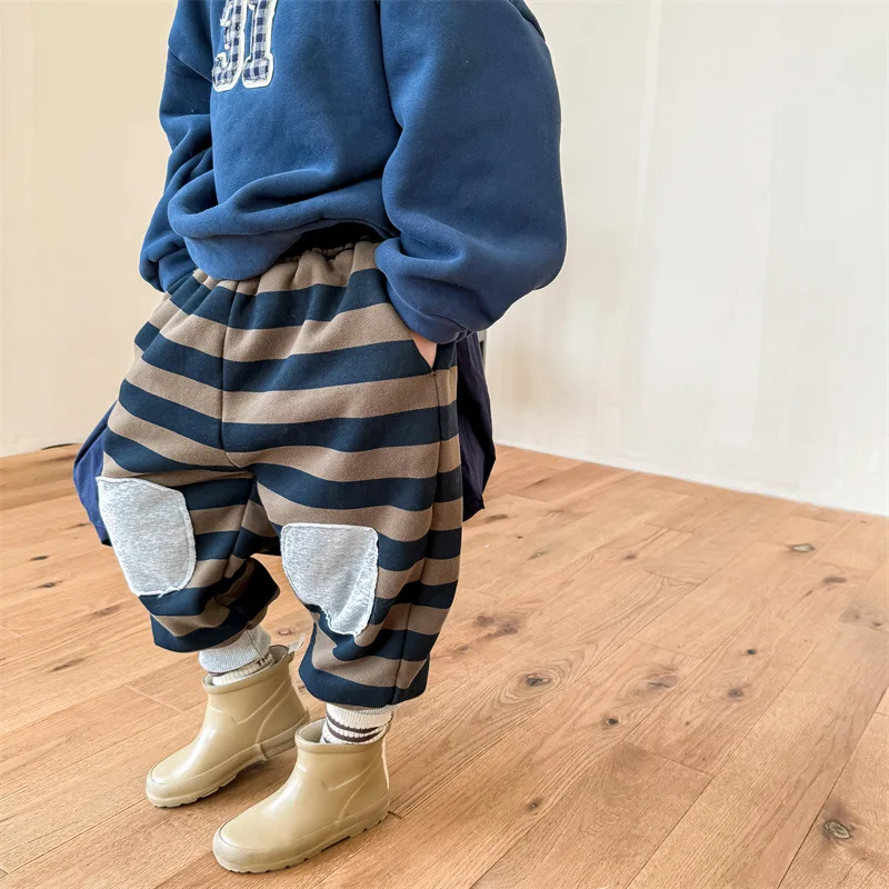 

Children's Pants Autumn Winter Kids Thicken Fleece Striped Sweatpants Boys Girls Warm Casual Pants Girls Patch Cotton Trousers