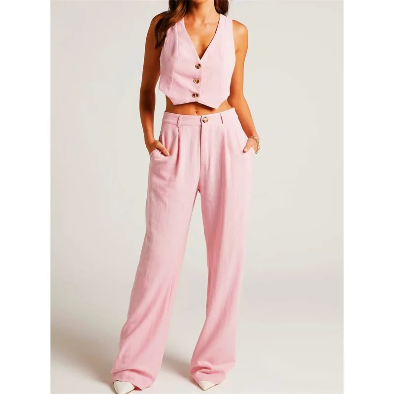 

Summer Linen Women Pants Set 2 Pieces Vest Tops+Straight Wide Leg Trousers Office Suit Sexy Hollow Lace Up Back Outfit In Stock
