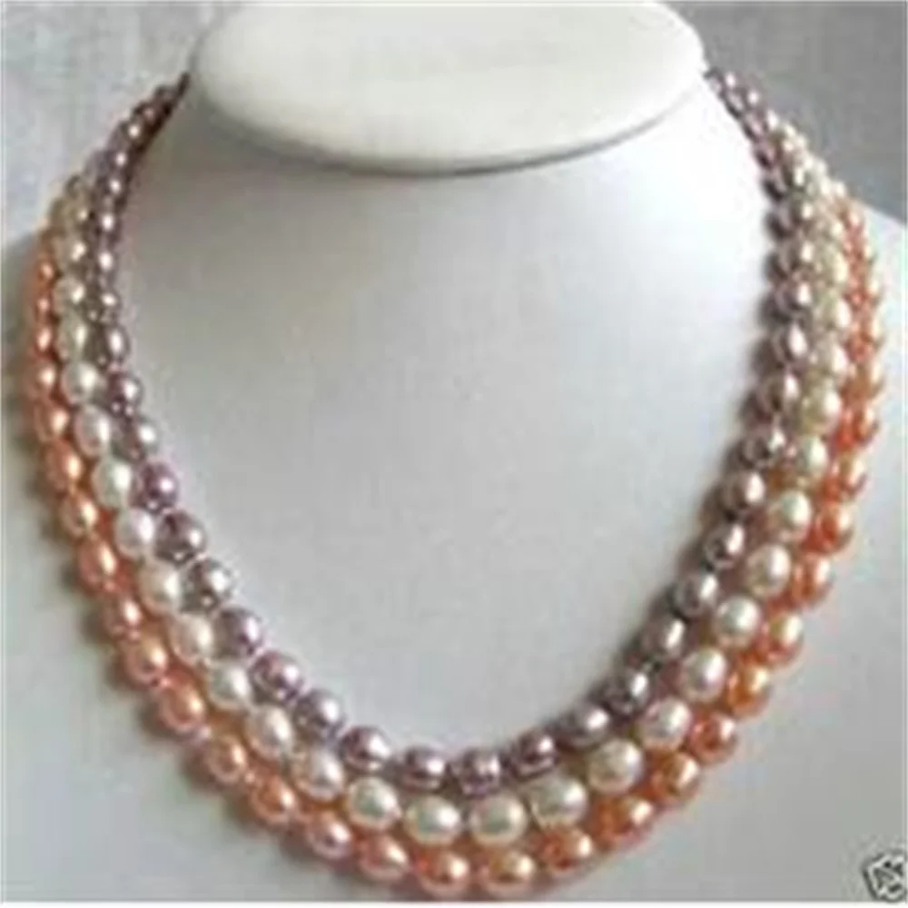 7-8mm-3-rows-multi-color-genuine-pink-white-purple-pearl-clasp-necklace-18-20-aa