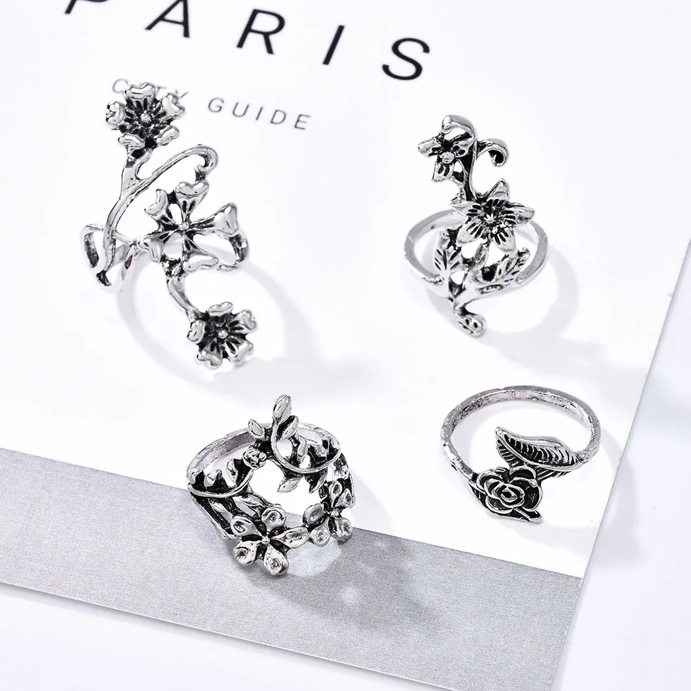 4PCS/Set Forest Vine Leaf Flower Ring Vintage Punk Antique Carved Midi Finger Ring Women Bohemian Rings For Men Jewelry Gifts finger ring