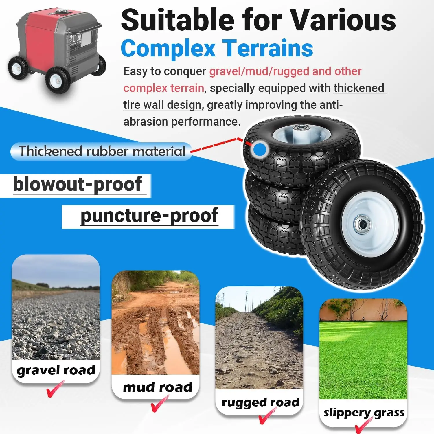 All Terrain Wheel Kit For Honda EU3000is Generator – Solid Never-Flat Tires (4-Pack)