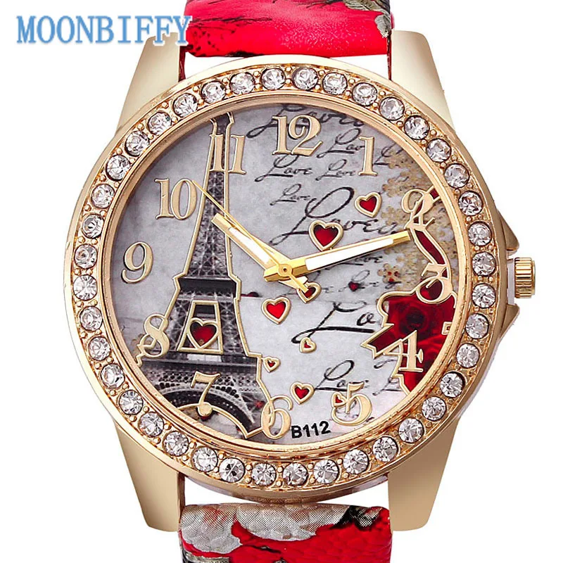 

Women Watches Fashion Luxury Crystal Paris Eiffel Tower Watch Diamond Leather Band Ladies Quartz Wristwatch Casual Ladies Watch
