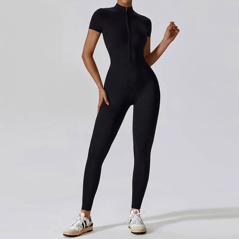 Summer Short Sleeved Zippering One-Piece Yoga Suit Dance Fitness Workout Set