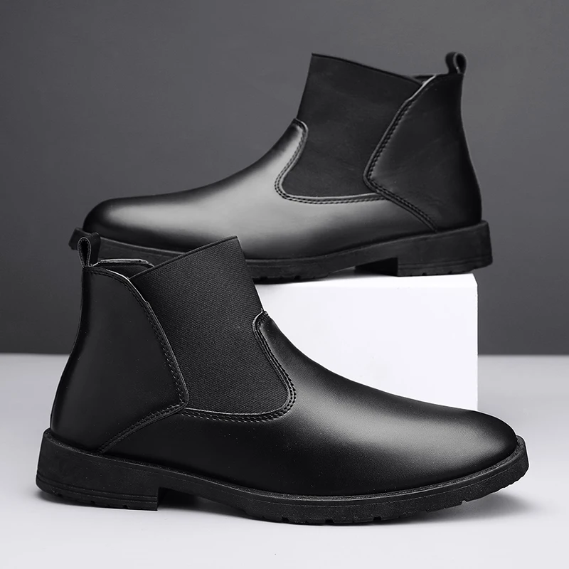 

New Style Men's Leather Boot Casual Boots For Men Full Black Simple Slip-on Water Proof Non-slip Mans Chelsea Shoe Popular Model