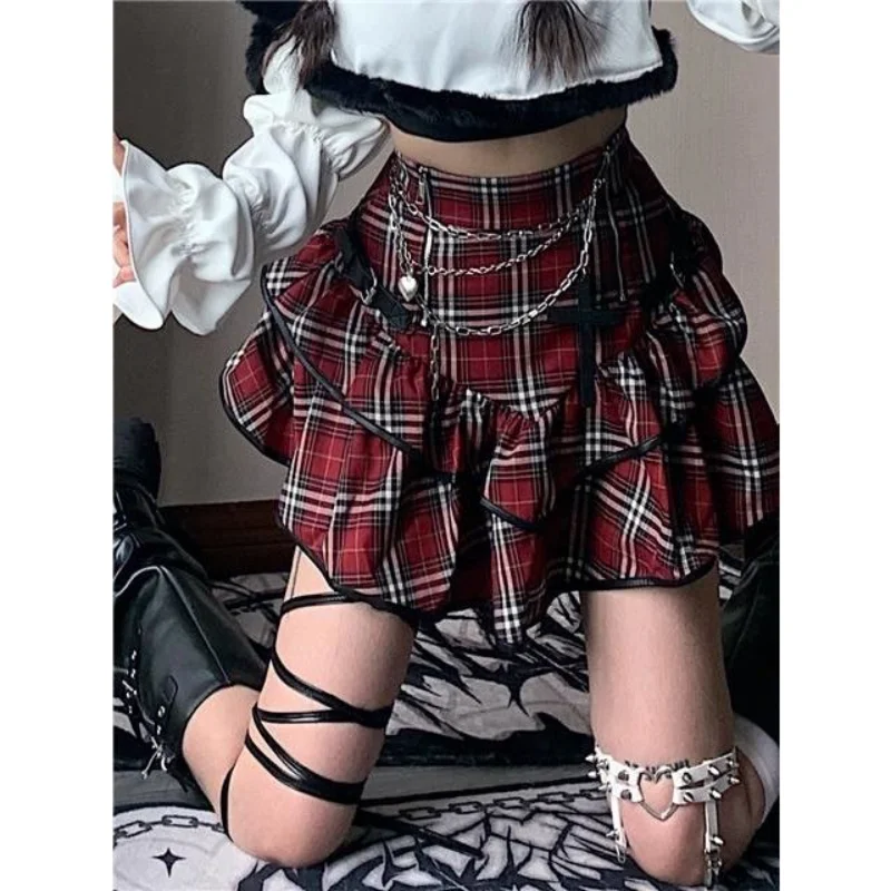 

American Retro Plaid Sweet Tiered Skirt Punk Spring Summer All Match High Waist Patchwork A-line Ruffles Vintage Y2K Short Skirt