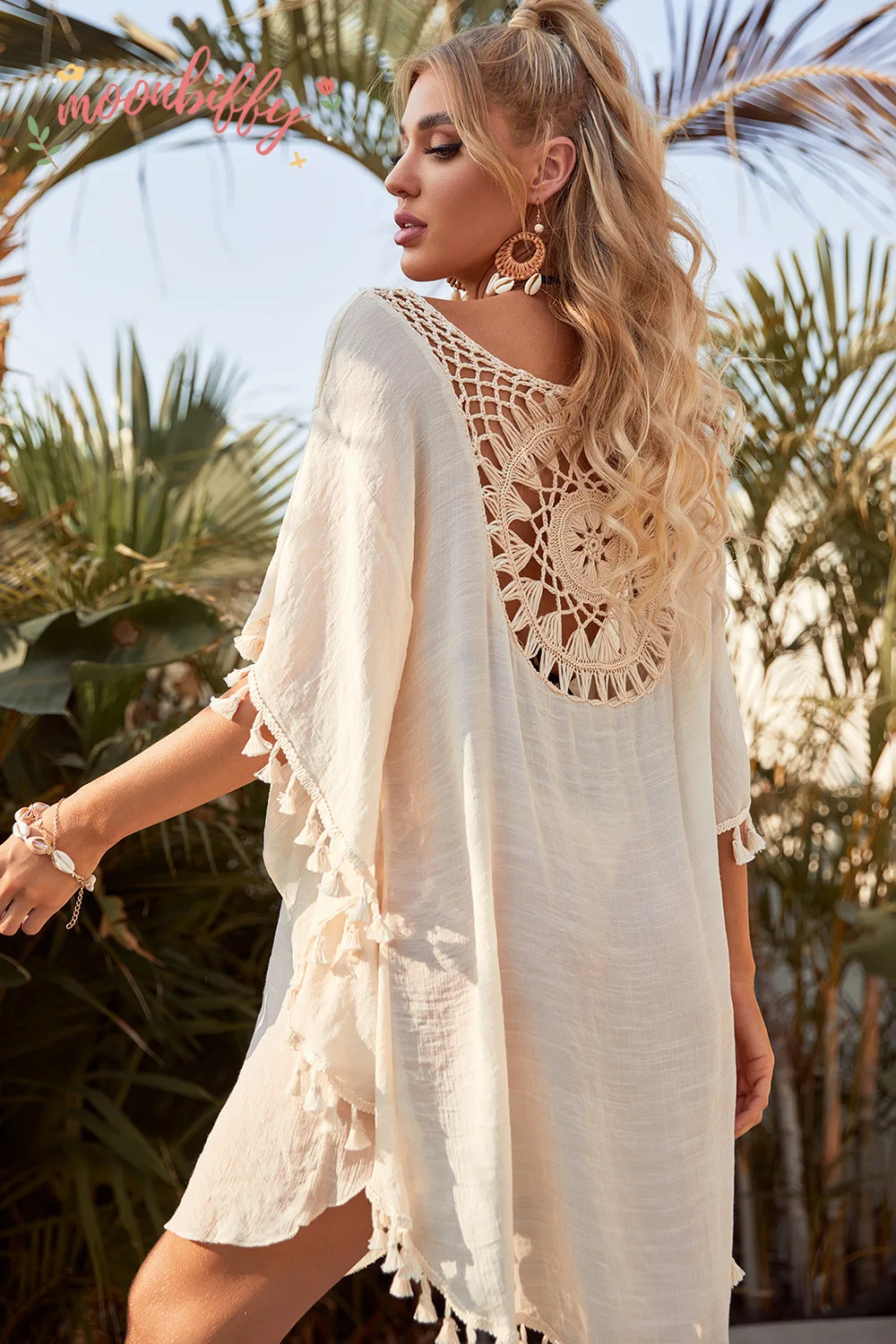Women Off Shoulder Loose Beach Smock Casual Holiday Sexy Style Cut Out Tassel Beach Smock Women Summer Beach Smock 3