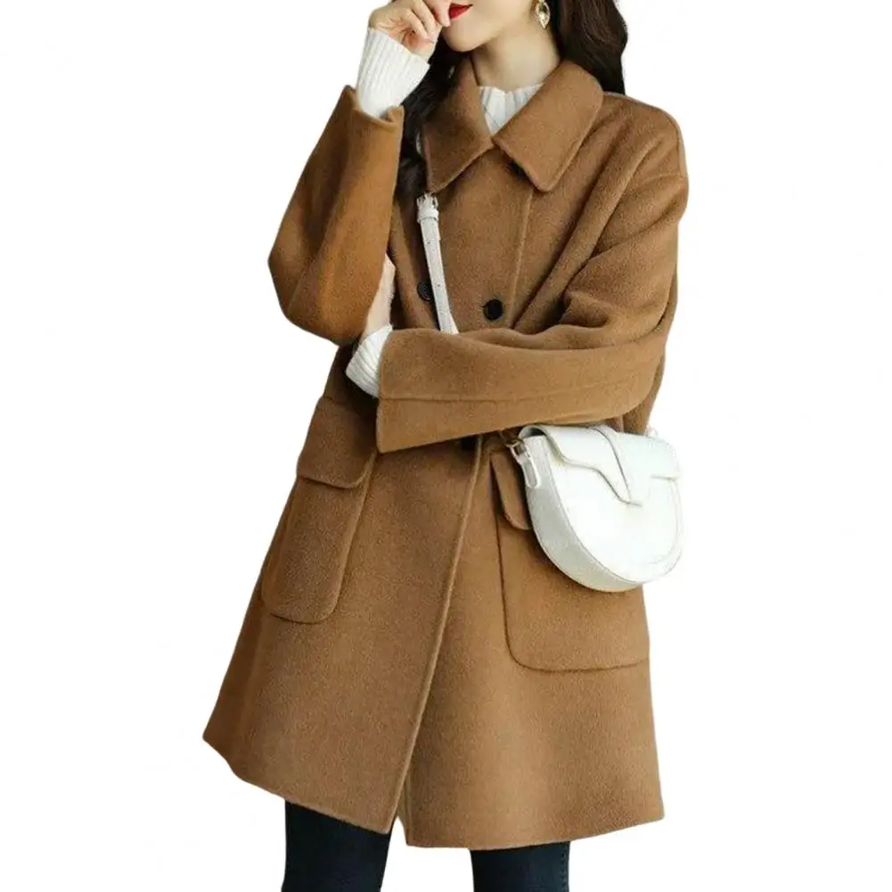 

Модное свободное облегающее дизайнерское зимнее теплое женское двубортное пальто с карманами, шерстяное пальто без выцветания для повседневной носки