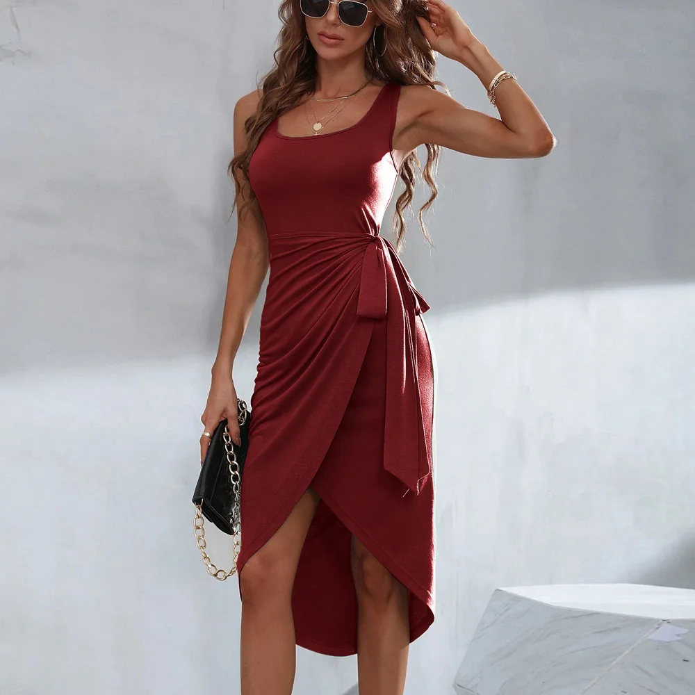 

2023 European and American Women's New Square Neck Irregular Bottom Hanging Strap Mid Length Dress