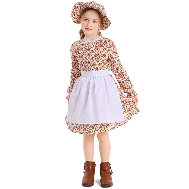 Floral Colonial Farm Village Girl Costume Pioneer Prairie Dress Bonnet Kids Girls Halloween Party Performance Costumes