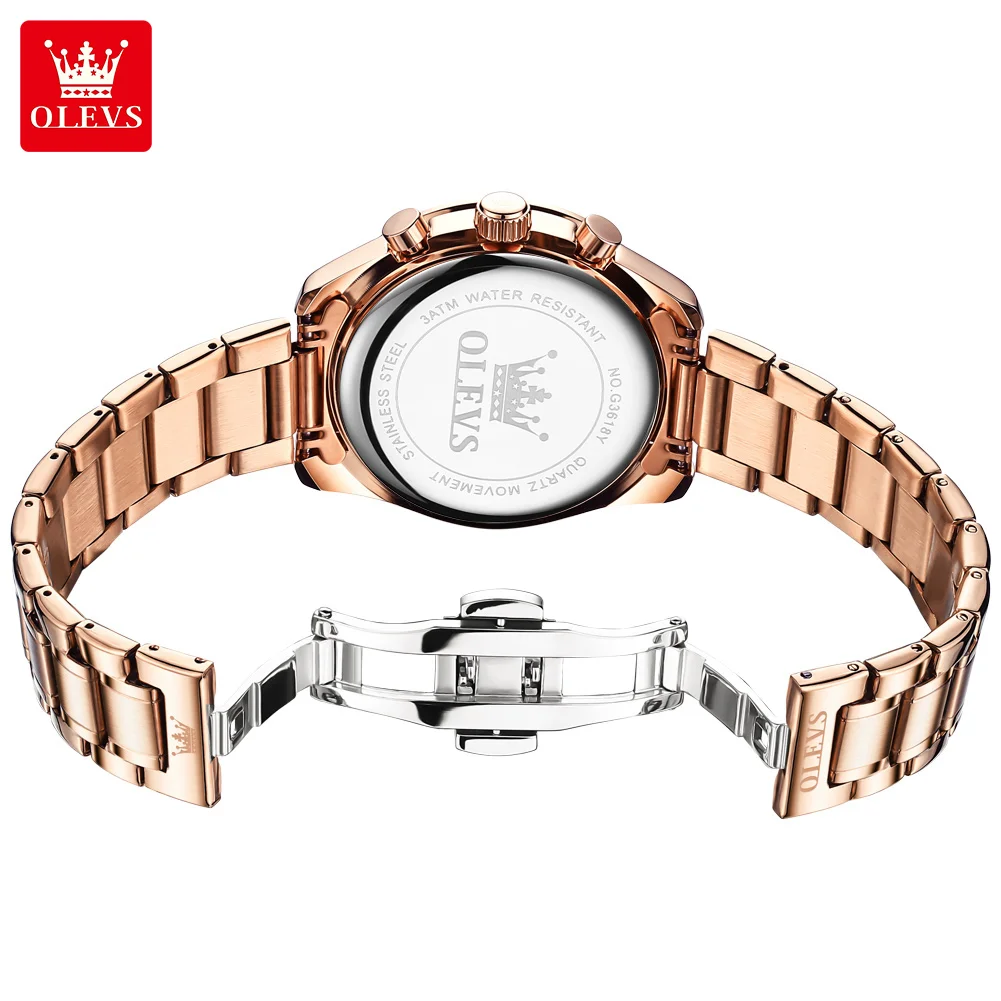 OLEVS Brand 2024 Luxury Rose Gold Quartz Watch Men Stainless Steel Waterproof Luminous Date Moon Phase Chronograph Watches Mens