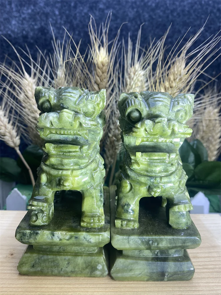 

1 Pair of Chinese Mainland Green Jade hand-Carved Objects Aura Feng Shui Gatekeeper Town House Lion Office Decoration Home Decor