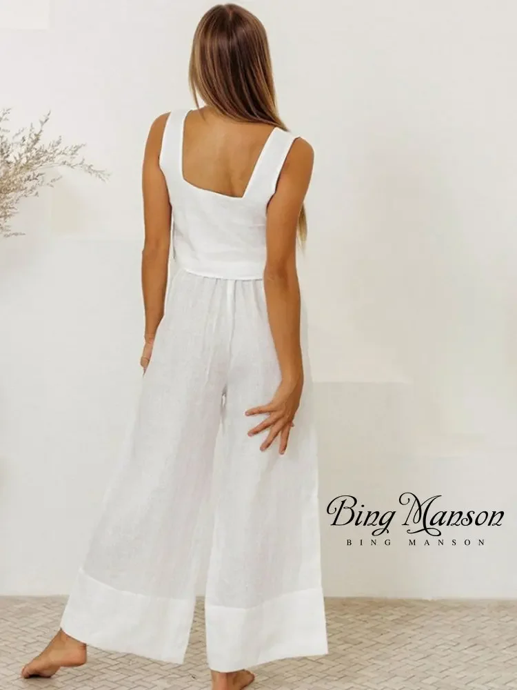 2023 New Spring Cotton Linen Pajamas Women's Tank Top Sleeveless Long Pants Loose Fitting Pajama Set Fashion Homewear