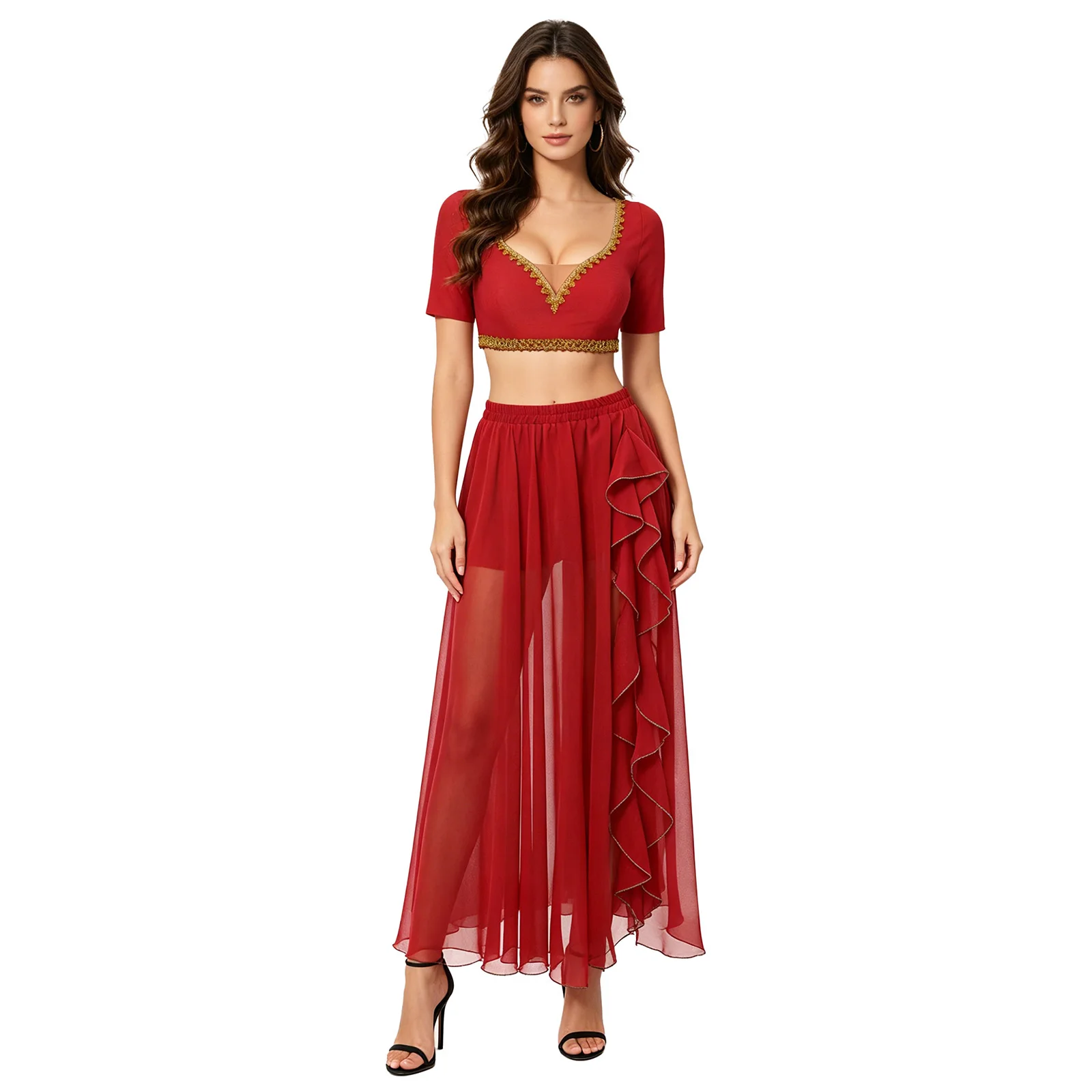 Bauchtanz-Outfit für Damen, Tanzkleidung, bauchfreies Top mit V-Ausschnitt und langer Maxirock mit Rüschen, orientalisches Folk-Bauchtanz-Performance-Kostüm – Detail 10