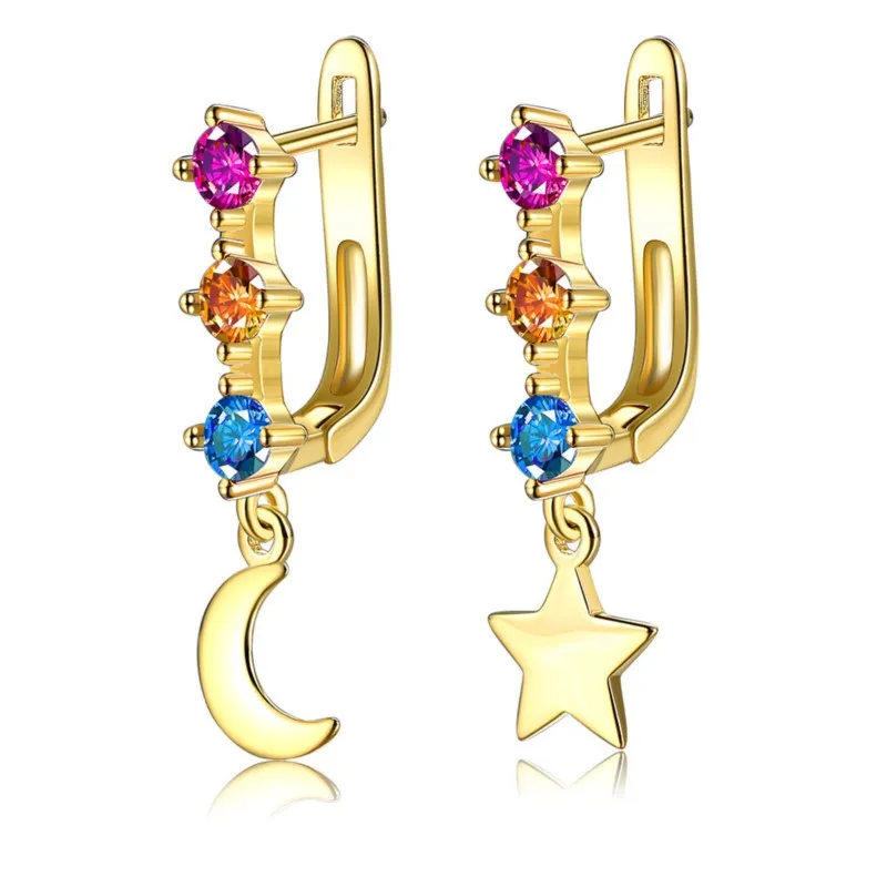 14K Gold Color CZ Asymmetry Star&Moon Hoop Earrings for Women Fashion Boho Huggies Jewelry Gift Pulseras Mujer