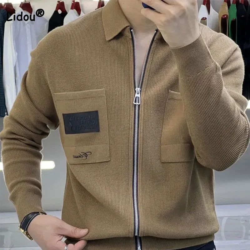 Business Office Casual Men's Turn-down Collar Knitted Coat 2023 Autumn Winter Trend Fashion Pockets Zipper Cardigan Male Clothes