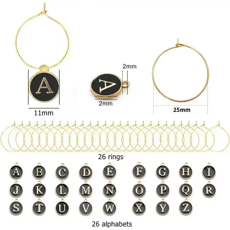 26pcs Alphabet Wine Charms Circle Letter Wine Cocktail Glass Stem Marker Identifier Tags for Weddings Party Letter Enamel Charms