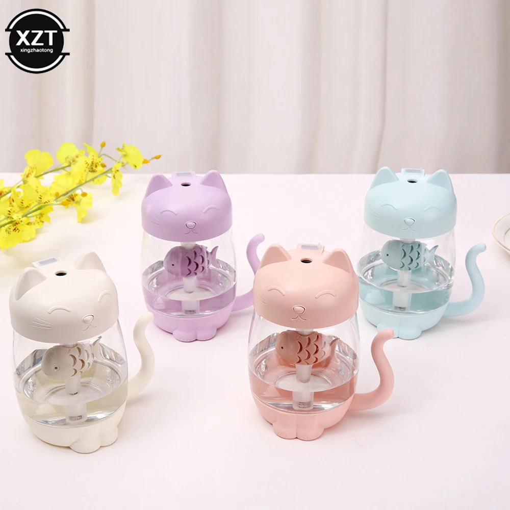 350ML 3 In 1 Cat Air Humidifier With Color LED Light Ultrasonic Adorable Cat Eat Fish Humidificador USB Aroma Diffuser Fogger