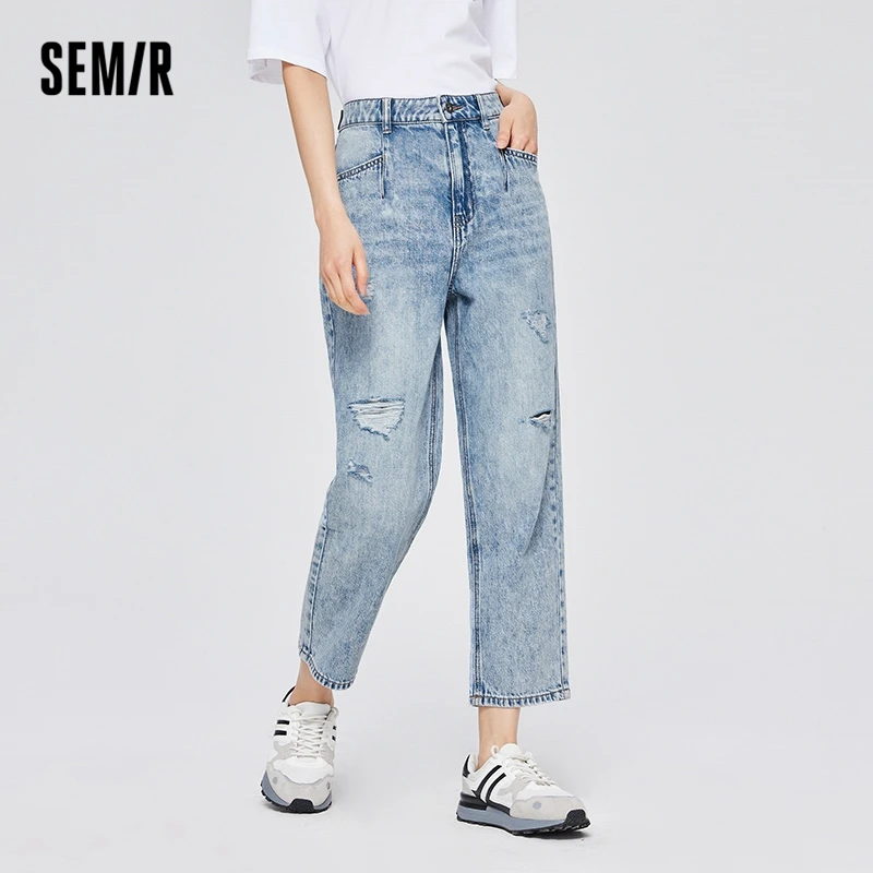 

Женские джинсы Semir, Новинка осени 2023, индивидуальные прямые брюки из чистого хлопка, укороченные брюки, Изношенные джинсы в старом стиле для женщин