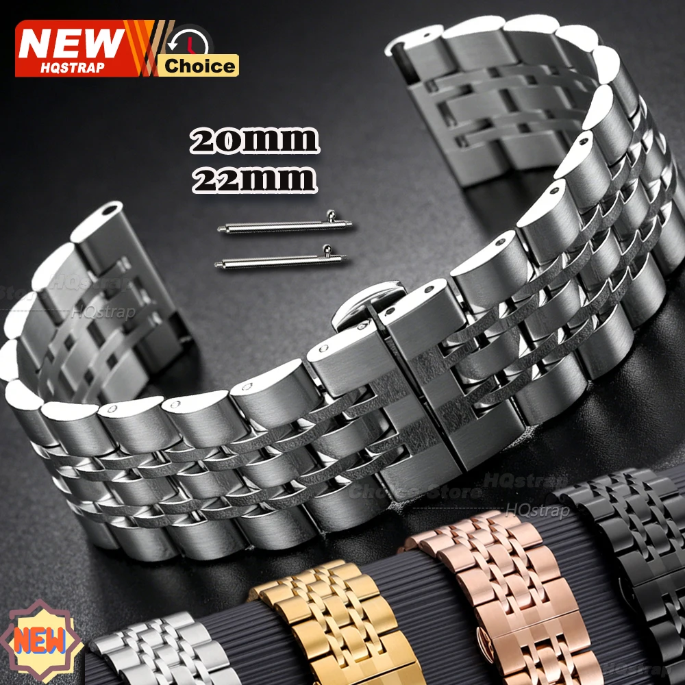 Elegant Stainless Steel Watch Band with Flat End - 20mm & 22mm Sizes